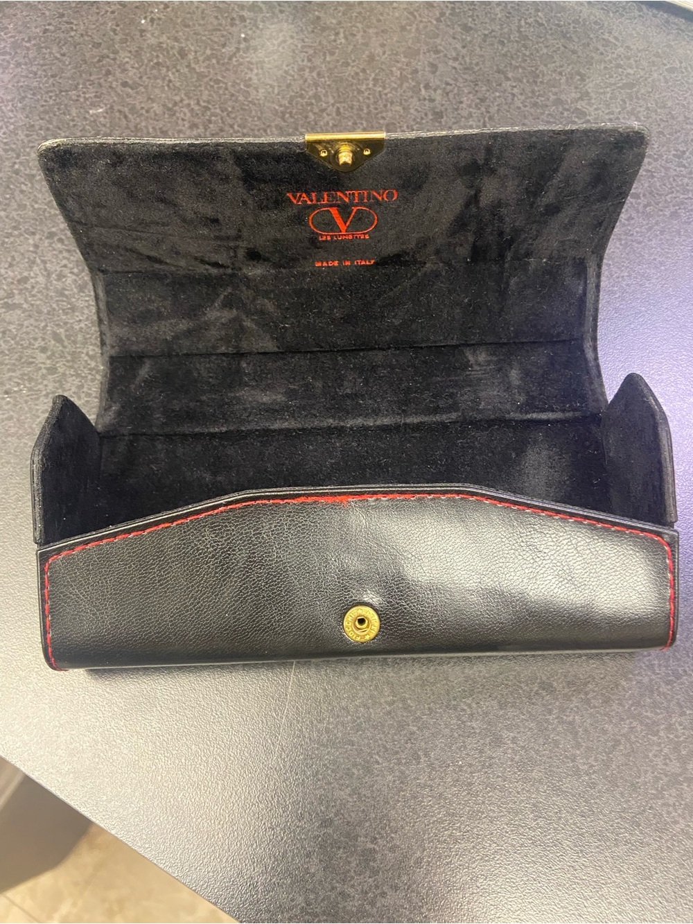 Valentino Black Leather Sunglasses Case with Red Stitching and Gold Snap